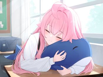1girl absurdres ahoge bag blue_archive blush classroom closed_eyes closed_mouth commentary_request day desk hair_intakes highres hoshino_(blue_archive) huge_ahoge hugging_object indoors light_rays long_hair long_sleeves pink_hair rakun school_bag school_desk school_uniform shirt sitting smile split_mouth stuffed_animal stuffed_toy stuffed_whale sunbeam sunlight upper_body white_shirt window wispy_bangs