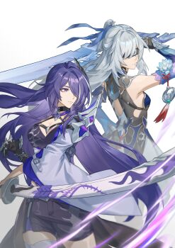 2girls absurdres acheron_(honkai:_star_rail) armor bandaged_leg bandages bare_shoulders black_shorts blindfold blue_hair breasts chinese_clothes chinese_commentary cleavage closed_mouth couple crop_top detached_collar detached_sleeves dress electricity expressionless eyeliner fake_claws friends glowing grey_background hair_between_eyes hair_flowing_over hair_intakes hair_ornament hair_over_one_eye highres holding holding_sword holding_weapon honkai:_star_rail honkai_(series) japanese_clothes jingliu_(honkai:_star_rail) katana large_breasts long_hair long_sleeves makeup medium_breasts multicolored_eyes multicolored_hair multiple_girls powering_up purple_eyes purple_hair red_eyeliner shade shorts shoulder_armor slashing standing streaked_hair sword thighs upper_body weapon wide_sleeves yangchiyuaichirou yu-gi-oh!