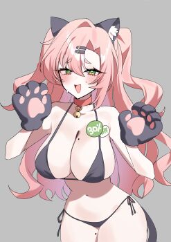 1girl absurdres alternate_costume animal_hands bare_shoulders bell bikini black_bikini black_gloves blush breasts commentary cowboy_shot english_commentary gloves green_eyes grey_background hair_ornament hairclip heart heart_in_eye highres large_breasts long_hair looking_at_another micro_bra micro_panties mole mole_on_breast mole_on_thigh mole_under_eye navel neck_bell nicole_demara open_mouth paid_reward_available panties paw_gloves pink_hair short_eyebrows simple_background single_hair_intake solo stomach string_bikini sweat swimsuit symbol_in_eye taiyaki12 underwear zenless_zone_zero