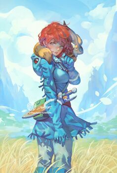 1girl artist_logo aviator_cap blue_dress blue_gloves breasts cloud commentary creature creature_on_shoulder day dress english_commentary feet_out_of_frame from_side fur-trimmed_gloves fur_trim gloves grass green_eyes jet_kimchrea kaze_no_tani_no_nausicaa logo long_sleeves looking_at_viewer medium_breasts medium_hair nausicaa on_shoulder outdoors pants parted_lips red_hair sheath sheathed short_sword shoulder_strap signature standing sword teto_(nausicaa) turning_head twitter_username weapon white_pants wind windmill