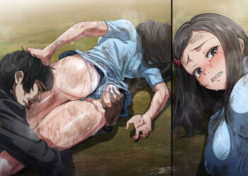 1boy 1girl ajula_wachula ass black_hair blue_shorts blue_sweater brown_eyes character_request commission crying crying_with_eyes_open dirty grabbing_another&#039;s_ass groping hand_on_another&#039;s_head hetero hug imminent_rape licking licking_leg long_hair lying panties panty_peek restrained ryuusei_ningen_zone shorts skeb_commission sweater tears underwear white_panties