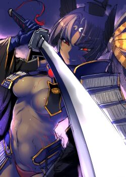 1girl areola_slip armor black_hair blue_gloves bosshi breasts dark-skinned_female dark_persona dark_skin fate/grand_order fate_(series) female_focus gloves hat highres holding holding_sword holding_weapon japanese_armor katana kusazuri navel panties pom_pom_(clothes) red_eyes red_panties revealing_clothes shoulder_armor smile sode solo sword underboob underwear ushiwakamaru_(corrupted)_(fate) ushiwakamaru_(fate) weapon