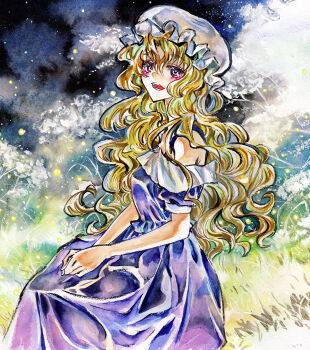 1girl bare_shoulders blonde_hair bright_background dress fireflies flower grass hands_on_own_hips hat highres kabaji long_hair maribel_hearn mob_cap night night_sky purple_dress purple_eyes sky solo touhou traditional_media