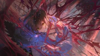 1girl absurdres belt black_hair blue_jacket breasts chaos_zero_nightmare chest_harness cleavage collar dual_persona fingerless_gloves gloves green_eyes harness highres jacket large_breasts long_sleeves lying medium_hair multicolored_hair navel open_clothes open_jacket red_collar red_gloves reflection solo spiked_collar spikes sweat tears tot_7399 tressa_(chaos_zero_nightmare) two-tone_hair