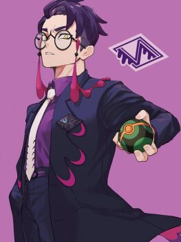 1boy black_jacket black_pants collared_shirt commentary_request corbeau_(pokemon) dusk_ball glasses highres holding holding_poke_ball jacket looking_at_viewer male_focus necktie nintendo pants parted_lips poke_ball pokemon pokemon_legends:_z-a purple_background purple_hair purple_necktie round_eyewear shirt short_hair solo tanaka_czk9hk undercut white_necktie yellow_eyes