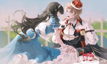 1boy 1girl absurdres aiguillette alice_(alice_in_wonderland) alice_(alice_in_wonderland)_(cosplay) alice&#039;s_adventures_in_wonderland aqua_eyes ascot back_bow backless_dress backless_outfit black_cape black_flower black_hair black_jacket black_rose blonde_hair blue_dress blunt_bangs boutonniere bow braid brooch brown_eyes bush cake cake_slice cape chalice chinese_commentary closed_mouth collared_shirt cosplay crown cup curtained_hair day diamond_(shape) dress eye_contact feet_out_of_frame fence finger_to_another&#039;s_mouth flower food food_in_mouth frilled_dress frilled_sleeves frills fur-trimmed_cape fur_trim gem gloves gold_trim hair_ornament heart heart_brooch heroine_(lovebrush_chronicles) hetero highres holding_another&#039;s_wrist index_finger_raised jacket jewelry kneeling lapel_chain lapels lars_rorschach lars_rorschach_(book_of_tales) lips long_hair long_sleeves looking_at_another lovebrush_chronicles maid_headdress on_table parted_bangs parted_lips picket_fence plate pocket_watch profile puffy_short_sleeves puffy_sleeves queen_of_hearts_(alice_in_wonderland) queen_of_hearts_(alice_in_wonderland)_(cosplay) rabbit_hair_ornament red_gemstone rose shirt short_hair short_sleeves side_braid sitting sleeve_cuffs smile spoon table tablecloth tilted_headwear upper_body watch watermark weibo_watermark white_ascot white_bow white_gloves white_shirt wooden_fence yaqing yellow_flower yellow_rose