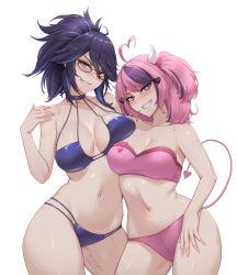 2girls ahoge asymmetrical_docking bikini black_hair blue_eyes blue_hair blush breast_press breasts cleavage demon_girl demon_horns demon_tail hair_ornament heart heart_ahoge heart_hair_ornament highres horns indie_virtual_youtuber ironmouse kson large_breasts long_hair looking_at_viewer multicolored_hair multiple_girls myth1carts navel pink_bikini pink_hair ponytail purple_bikini purple_hair smile strapless strapless_bikini streaked_hair swimsuit tail two-tone_hair virtual_youtuber white_background white_horns