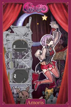 1girl amoris_(bang_dream!) arm_up bad_source bang_dream! bang_dream!_it&#039;s_mygo!!!!! black_mask black_shirt border brooch carousel chair character_name collared_shirt copyright_name crescent curtains drum full_body group_name high_heels highres instrument jewelry mask masquerade_mask mortis_(bang_dream!) mortis_(costume)_(bang_dream!) official_art outline outstretched_arm purple_border purple_hair red_shoes red_shorts red_thighhighs second-party_source see-through_clothes see-through_sleeves shirt shoes short_hair shorts sitting solo stuffed_animal stuffed_cat stuffed_toy thighhighs wakaba_mutsumi wakaba_mutsumi_(doll) white_outline yuutenji_nyamu