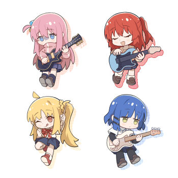 4girls :d ;q ahoge bass_guitar blonde_hair blue_hair blue_skirt blush bocchi_the_rock! bow bowtie brown_shirt brown_shoes chibi chibi_only chinese_commentary closed_eyes closed_mouth commentary_request cube_hair_ornament drop_shadow drumsticks electric_guitar full_body gotoh_hitori green_eyes guitar hair_ornament highres holding holding_drumsticks holding_guitar holding_instrument ijichi_nijika instrument jacket kessoku_band kita_ikuyo long_hair multiple_girls one_eye_closed one_side_up open_mouth pink_hair pink_jacket pleated_skirt polka_dot polka_dot_bow polka_dot_bowtie red_bow red_bowtie red_eyes red_hair red_shoes school_uniform shimokitazawa_high_school_uniform shirt shoes short_hair short_sleeves shuka_high_school_uniform side_ponytail simple_background skirt smile socks standing tianqiyubao_euc tongue tongue_out track_jacket white_background white_shirt white_socks yamada_ryo