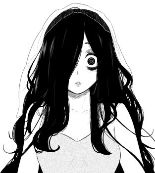1girl absurdres bags_under_eyes breasts bridal_veil cleavage commentary dress english_commentary greyscale hair_over_one_eye highres lips long_hair lughost medium_breasts monochrome parted_lips ringed_eyes solo strapless strapless_dress the_ring veil very_long_hair wavy_hair yamamura_sadako