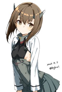 1girl absurdres bigkwl black_headband blush breasts brown_eyes brown_hair closed_mouth commentary cowboy_shot dated dated_commentary double-parted_bangs green_skirt hair_between_eyes headband headgear highres kantai_collection long_sleeves miniskirt one-hour_drawing_challenge pleated_skirt shirt short_hair sideboob simple_background skirt small_breasts solo taihou_(kancolle) twitter_username white_background white_shirt