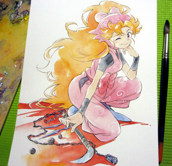 1girl agahari art_brush art_tools_in_frame black_pants black_shirt blonde_hair blue_shoes closed_mouth commentary_request elbow_rest fluffy_hair full_body hand_on_own_chin hand_up head_rest headscarf japanese_clothes kunai kusarigama long_hair looking_at_viewer looking_to_the_side ninja on_one_knee paintbrush painting_(medium) pants pebble photo_(medium) pink_headscarf pink_pants pink_shirt ponytail print_headwear print_pants print_shirt rakudai_ninja_rantarou red_eyes shirt shoes sickle sleeveless sleeveless_shirt smile solo spiral_print traditional_media very_long_hair weapon wristband yuki_(rakudai_ninja_rantarou)