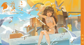 1girl absurdres animal arm_up beach_umbrella bikini bird black_hair blue_archive blue_sky braid bucket chinese_commentary closed_eyes cloud commentary_request cooler crying day dock fish fishing_rod grey_halo halo hat hat_on_back highres holding holding_fishing_rod leaf leaf_on_head leaf_print long_hair low_twin_braids miyu_(blue_archive) miyu_(swimsuit)_(blue_archive) official_alternate_costume open_mouth print_bikini seagull ship sky solo straw_hat sun swimsuit tentacles thermos twin_braids umbrella watercraft weapon_case white_bikini xixic-owo