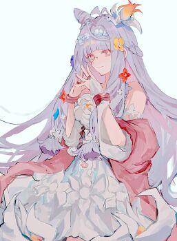 1girl blue_flower braid cone_hair_bun dress dress_flower fate/grand_order fate_(series) flora_(fate) flower flower-shaped_pupils flower_hairband hair_bun hair_flower hair_ornament highres k_7s long_hair long_sidelocks low-tied_sidelocks monocle pink_shawl purple_flower shawl sidelocks solo symbol-shaped_pupils very_long_hair white_background white_dress white_hair yellow_flower