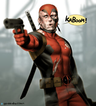 1boy aiming belt belt_buckle blurry blurry_background bodysuit brown_eyes buckle deadpool disfigured gun holding holding_gun holding_weapon male_focus marvel muscular muscular_male pectorals red_bodysuit sheath sheathed solo speech_bubble superhero_costume sword torn_bodysuit torn_clothes twitter_username utility_belt weapon weapon_on_back yorozu