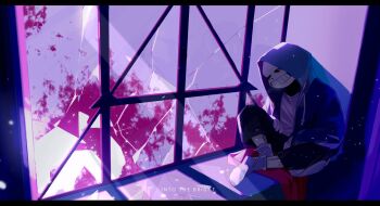 1other against_wall alternate_universe asaiiro between_legs black_sclera black_shorts blood blood_splatter blue_hoodie broken_glass colored_sclera crossed_legs dappled_moonlight drop_shadow dusttale english_text glass grey_hood grey_socks hand_between_legs hand_on_own_thigh highres hood hood_up hoodie indoors letterboxed moonlight open_clothes open_hoodie paint_splatter red_eyes red_scarf sans_(undertale) scarf shirt shorts sitting skeleton socks white_shirt window window_shadow