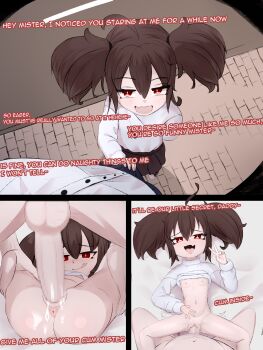 1boy 1girl :q ahoge anus bottomless breasts brown_hair brown_skirt censored clothes_lift comic cum cum_in_pussy cum_overflow english_text erection fang hair_between_eyes hetero licking_lips loli long_sleeves looking_at_viewer lying mesugaki missionary mosaic_censoring navel nipples on_back open_mouth original penis pleated_skirt pov pussy red_eyes sex shirt shirt_lift skin_fang skirt small_breasts smile spread_legs sweater sweater_lift testicles tongue tongue_out twintails v vaginal velztar white_shirt white_sweater