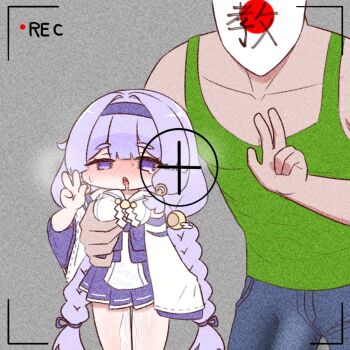 1boy 1girl aftersex blush braid braided_twintails breasts bulge chestnut_mouth collarbone cum cumdrip erection erection_under_clothes full-face_blush grabbing_another&#039;s_breast groping japanese_flag khs4love long_hair low_twintails medium_breasts netorare nontraditional_miko open_mouth pleated_skirt purple_eyes purple_hair recording saliva saliva_trail sin_sack size_difference skirt static sweatdrop tearing_up trickcal twintails v very_long_hair wide_sleeves yomi_(trickcal)