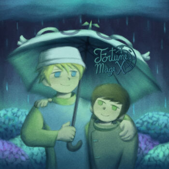 Rule 34 | 2boys, absurdres, arm around shoulder, blonde hair, blue eyes, brown hair, cloud, dark cloud, digimon, digimon adventure, digimon adventure 02, flower, fortunemagex, green eyes, green flower, hat, hida iori, highres, holding, holding umbrella, hydrangea, jacket, looking at another, multicolored jacket, multiple boys, purple flower, rain, takaishi takeru, two-tone jacket, umbrella, white hat, yaoi