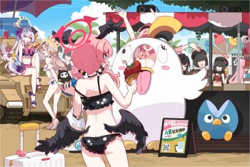 6+girls arms_up ass azusa_(blue_archive) azusa_(swimsuit)_(blue_archive) bare_shoulders beach black_wings blue_archive bow butt_crack cloud cloudy_sky feathered_wings floral_print floral_print_bikini hair_bow halo hanako_(blue_archive) hands_up head_wings hifumi_(blue_archive) hifumi_(swimsuit)_(blue_archive) highres hoshino_(blue_archive) ichika_(blue_archive) ideolo justice_task_force_member_(blue_archive) koharu_(blue_archive) koharu_(swimsuit)_(blue_archive) loli low_wings market_stall military_vehicle motor_vehicle multiple_girls navel off_shoulder open_mouth peroro_(blue_archive) pink_halo print_bikini red_halo sandals sky tagme tank thighs twintails winged_halo wings yellow_halo