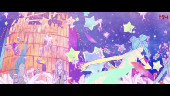 animated animated_gif blue_hair bouncing_breasts breasts cat double_bun elbow_gloves flower girl_(anime_expo) gloves hair_bun hairband kami-sama_(girl) navel nightgown petals ribbon sidelocks star_(symbol) stuffed_toy wand