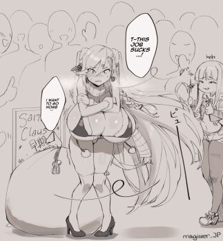 2girls 6+others annoyed arm_warmers bare_shoulders bikini blush breast_pocket breast_rest breasts bulge button camera_flash cellphone christmas cleavage cold comic crop_top cropped_jacket crowd cutoffs earrings english_text erection erection_under_clothes frown full_body gloves grey_background greyscale grin hair_blowing hair_ornament hair_scrunchie hairclip hand_to_own_mouth high_heels holding holding_phone huge_breasts japanese_text jewelry kneehighs knees_together_feet_apart laughing leggings_under_shorts long_hair long_sleeves looking_at_another magister midriff mistletoe_hair_ornament mixed-language_text mole mole_on_breast monochrome motion_lines multiple_girls multiple_others navel open_mouth original outdoors pandora_smith_(magister) phone pocket sack sagging_breasts santa_bikini santa_costume scarf scrunchie shadow shaking shiratama_liliana_(magister) shoelaces shoes short_shorts shorts sign simple_background sketch small_breasts smartphone smile smug smug socks sound_effects speech_bubble standing string_bikini striped_arm_warmers sweat swept_bangs swimsuit taking_picture teasing thighhighs thumbs_up trembling twintails twitter_username very_long_hair watermark