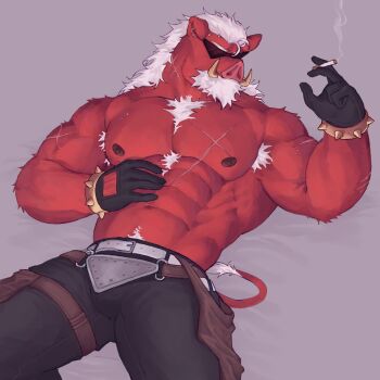 1boy abs armpit_hair bara bare_pectorals beard biceps big_daddy_(zenless_zone_zero) black_gloves black_pants boar_boy boar_tail bracelet chest_hair cigarette colored_skin cross_scar earrings expired_butter facial_hair furry furry_male gloves highres holding holding_cigarette jewelry male_focus muscular muscular_male navel nipples pants pectorals pig_nose red_skin scar scar_on_arm scar_on_chest scar_on_neck smoking spiked_bracelet spikes sunglasses topless_male tusks white_hair zenless_zone_zero