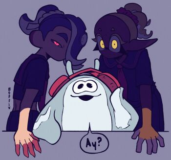 Rule 34 | 1boy, 2girls, alternate hairstyle, artist name, big man (splatoon), blonde hair, blue hair, boffix, bright pupils, colored extremities, crop top, dark-skinned female, dark skin, facing viewer, forehead, frye (splatoon), glaring, grey background, hair over one eye, hairband, headphones, highres, inkling, large ears, looking at viewer, manta ray, medium hair, midriff, mole, mole on forehead, multiple girls, necktie, nintendo, no mouth, octoling, pointy ears, ponytail, red pupils, sailor collar, school uniform, serafuku, shiver (splatoon), short sleeves, skirt, slit pupils, speech bubble, splatoon (series), splatoon 3, suction cups, talking, tentacle hair, thick eyebrows, very long ears, wavy hair, white hairband, wide-eyed, yellow pupils