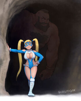 1boy 1girl abs areola_slip arm_support artist_name asymmetrical_bangs beard blonde_hair blue_eyes blue_leotard breasts cave clothing_cutout curvy domino_mask eye_mask facial_hair female_pubic_hair frills hair_pulled_back heart_cutout highleg highleg_leotard highres large_breasts leotard long_hair looking_at_viewer mask meme muscular mustache nipple_slip nipples pectorals pubic_hair quasimodox rainbow_mika serious short_hair shoulder_cutout signature size_difference smile street_fighter tall_male twintails very_long_hair wide_hips wrestler wrestling_mask wrestling_outfit zangief