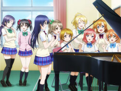 6+girls :d :o ;) ^_^ anime_coloring arm_under_breasts arms_behind_back ayase_eli black_hair black_shoes black_socks black_thighhighs blonde_hair blue_bow blue_bowtie blue_eyes blue_hair blue_skirt blue_sky blush bow bowtie breasts brown_hair brown_sweater_vest cardigan chair clenched_hands closed_eyes closed_mouth cloud collared_shirt curtains day diagonal-striped_bow diagonal-striped_bowtie diagonal-striped_clothes dress_shirt everyone feet_out_of_frame folding_chair full_body grand_piano green_bow green_bowtie green_eyes hair_between_eyes hair_bow hair_ornament hair_scrunchie hand_on_another&#039;s_shoulder hand_up hands_up highres hoshizora_rin index_finger_raised indoors instrument jitome kneehighs koizumi_hanayo kosaka_honoka large_breasts loafers long_hair long_sleeves looking_at_another looking_to_the_side love_live! love_live!_school_idol_festival_all_stars love_live!_school_idol_project low_twintails medium_breasts medium_hair minami_kotori miniskirt multiple_girls nishikino_maki official_art on_chair one_eye_closed one_side_up open_hands open_mouth orange_hair otonokizaka_school_uniform own_hands_together palms piano pink_cardigan pink_scrunchie plaid_clothes plaid_skirt pleated_skirt pointing pointing_up ponytail profile purple_eyes purple_hair red_bow red_bowtie red_eyes red_hair school_uniform scrunchie shirt shoes short_hair short_sleeves sitting skirt sky small_breasts smile socks sonoda_umi spread_fingers standing striped_bow striped_bowtie striped_clothes summer_uniform sweater_vest teeth thighhighs tojo_nozomi twintails upper_teeth_only white_scrunchie white_shirt window yazawa_nico yellow_bow yellow_eyes
