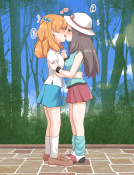 2girls absurdres aqua_socks blue_skirt blush breasts brown_eyes brown_hair closed_eyes commentary_request commission day forest french_kiss full_body highres kiss kurosawa_karura lass_(pokemon) lass_(pokemon_frlg) leaf_(pokemon) long_hair looking_at_another loose_socks miniskirt multiple_girls nature nintendo orange_hair outdoors pixiv_commission pleated_skirt pokemon pokemon_frlg red_skirt skirt small_breasts socks standing tile_floor tiles tree two_side_up white_socks yuri