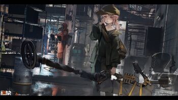 1girl 1other 3d_background absurdres artist_name baseball_cap bolt_action brown_hair cheyanne_(girls'_frontline_2) cheytac_m200 chinese_commentary closed_mouth commentary_request copyright_logo disguise disguised_weapon girls'_frontline girls'_frontline_2:_exilium green_hat green_jacket gun hat highres holding indoors jacket logo looking_at_viewer m200_(girls'_frontline) obsidian117 purple_eyes rifle sniper_rifle twitter_username warehouse weapon
