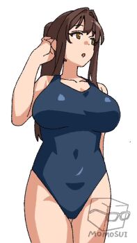 1futa animated breasts brown_hair bulge developing_erection erection erection_under_clothes full-package_futanari futanari futanarization heart heart-shaped_pupils highres huge_penis large_breasts large_penis long_hair momo_no_suidou-sui one-piece_swimsuit original penis penis_growth school_uniform solo solo_focus swimsuit symbol-shaped_pupils tagme testicles video white_background