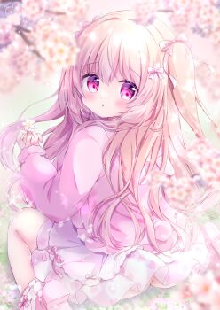 1girl :o ass blouse blurry blurry_foreground blush branch cherry_blossoms chiika_(cure_cherish) flower frills grass hair_ribbon holding holding_flower long_hair long_sleeves looking_at_viewer looking_back miniskirt nature no_panties on_ground open_mouth original outdoors pink_eyes pink_hair pink_ribbon pink_shirt pink_skirt pink_theme rabbit_tail ribbon shirt sitting skirt solo tail two_side_up very_long_hair wariza