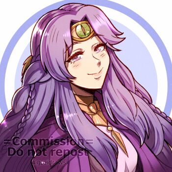 1girl alternate_costume alternate_hairstyle artist_name braid closed_mouth commentary commission english_commentary eyelashes fire_emblem fire_emblem:_genealogy_of_the_holy_war gzei highres julia_(fire_emblem) long_hair multiple_braids nintendo purple_eyes purple_hair smile solo twitter_username upper_body watermark