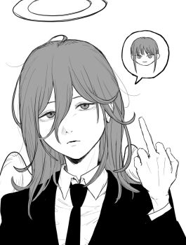 Rule 34 | 1boy, 1girl, angel, angel devil (chainsaw man), angel wings, chainsaw man, closed mouth, collared shirt, commentary request, hair between eyes, halo, highres, jacket, looking at viewer, makima (chainsaw man), male focus, middle finger, necktie, rigeshita, shirt, simple background, speech bubble, spoken character, suit jacket, white background, wings