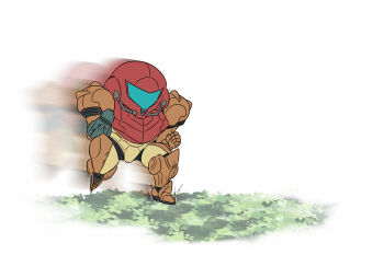 Rule 34 | 1girl, arm cannon, armor, assault visor, blue visor, chibi, commentary request, full armor, grass, metroid, multicolored armor, nintendo, power armor, power suit (metroid), running, samus aran, science fiction, simple background, solo, wakaba (wata ridley), weapon, white background