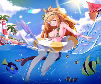 1girl animal_ears bananajuju bikini blonde_hair boat breasts brown_tail cloud day dreadlocks fish green_bikini highres indie_virtual_youtuber innertube large_breasts lighthouse long_hair looking_at_viewer monkey_ears monkey_girl monkey_tail outdoors partially_underwater_shot raimoo solo striped_innertube swim_ring swimsuit tail two-tone_innertube virtual_youtuber water watercraft