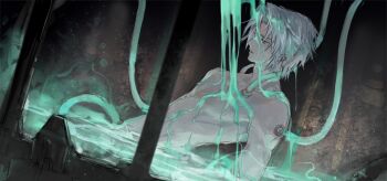 Rule 34 | 1boy, aged down, body tube, cable, commentary request, ddddctb, final fantasy, final fantasy vii, final fantasy vii: ever crisis, grey hair, highres, laboratory, liquid, male focus, nude, parted lips, partially submerged, sephiroth, sephiroth (ever crisis), short hair, solo, stasis tank, upper body