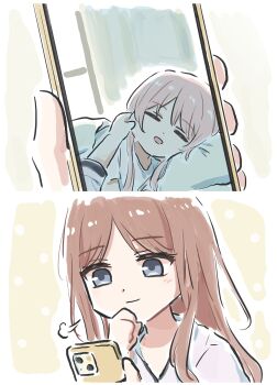 2girls bang_dream! bang_dream!_it&#039;s_mygo!!!!! bite_mark bite_mark_on_neck blue_eyes blush brown_hair cheek_pull chihaya_anon closed_eyes commentary highres implied_yuri long_hair lyy multiple_girls nagasaki_soyo open_mouth pink_hair puff_of_air shirt sidelocks sleeping smug white_shirt
