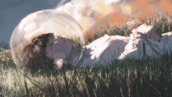 Rule 34 | 1girl, absurdres, black hair, chinese commentary, closed eyes, commentary request, day, field, fishbowl helmet, grass, hand on own stomach, highres, long sleeves, lying, on back, on ground, original, outdoors, parted lips, shade, shiej007, shirt, short hair, solo, upper body, white shirt
