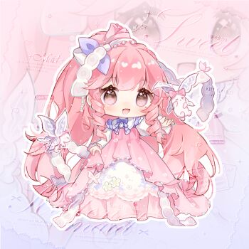 1girl absurdly_long_hair beads bow bowtie brown_eyes capelet chibi chinese_commentary commentary_request commission dress drill_hair eyelashes floral_print florescent_dream_(miracle_nikki) flower frilled_sleeves frills gown gradient_background hair_beads hair_bow hair_flower hair_ornament hairband happy highres lanlan_zhi_jiabing light_blush light_particles long_dress long_hair long_sleeves looking_at_viewer miracle_nikki nikki_(nikki) nikki_(series) open_mouth outline outstretched_arm pink_background pink_dress pink_flower pink_hair pink_rose pleated_dress print_dress puffy_long_sleeves puffy_sleeves purple_background purple_bow purple_bowtie rabbit rose sidelocks skirt_hold sleeves_past_wrists smile solo standing tareme twin_drills very_long_hair wavy_hair white_capelet white_hairband white_outline white_sleeves zoom_layer