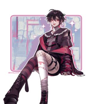 1boy absurdres alternate_costume bandaged_neck bandages barbell_piercing black_footwear black_hair black_jacket black_nails black_shorts chain chain_necklace collar cropped_shirt cross cross-laced_clothes cross-laced_sleeves detached_sleeves ear_piercing eyebrow_piercing face_piercing facial_mark frilled_collar frills grey_socks hair_ornament hairclip harness highres industrial_piercing jacket jewelry kuro_kurenai legwear_garter long_sleeves looking_at_viewer meiru_(chocky_mochi) multicolored_hair multicolored_jacket necklace o-ring o-ring_harness o-ring_thigh_strap partially_unzipped patchwork_clothes patchwork_skin piercing red_eyes red_hair safety_pin short_hair shorts single_detached_sleeve single_fishnet_legwear single_leg_warmer single_thighhigh socks solo sparkle streaked_hair striped_clothes striped_thighhighs thigh_strap thighhighs tongue tongue_out virtual_youtuber vshojo white_socks window_(computing) x_hair_ornament