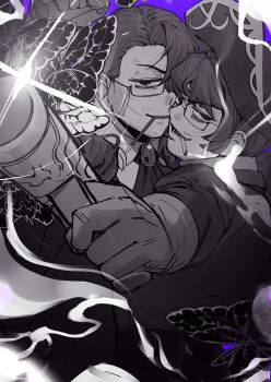 Rule 34 | 2boys, absurdres, aiming, alternate costume, ascot, bags under eyes, beard stubble, brooch, bug, butterfly, butterfly on arm, butterfly wings, cigarette, coat, collared shirt, diffraction spikes, dress shirt, dual persona, e.g.o (project moon), face-to-face, facial hair, foreshortening, formal clothes, from side, glasses, glint, gloves, gregor (project moon), greyscale, grin, gun, hair between eyes, hair intakes, hair over one eye, half-closed eyes, hand up, hat, highres, holding, holding gun, holding weapon, insect, insect wings, jewelry, limbus company, limited palette, long hair, long sleeves, looking at viewer, looking to the side, low ponytail, lower teeth only, male focus, monochrome, multiple boys, official alternate costume, okazu1324343, one eye covered, open clothes, open coat, open mouth, parted bangs, parted lips, pirate costume, pirate hat, ponytail, project moon, purple background, purple eyes, purple theme, rectangular eyewear, sanpaku, semi-rimless eyewear, shirt, simple background, smile, smirk, smoke, smoke trail, smoking, smug, solemn lament (e.g.o), spot color, stubble, suit, teeth, tongue, twinhook pirates (identity) (project moon), under-rim eyewear, upper body, v-shaped eyebrows, vest, weapon, wings