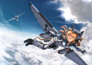1girl aircraft airplane animal_ears bodysuit cloud fighter_jet flying helmet highres horse_ears horse_girl horse_tail mayano_top_gun_(umamusume) mecha_musume mechanical_wings military_vehicle orange_eyes orange_hair orange_tail ponpochi smile tail thrusters umamusume wings