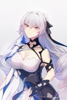 1girl 1other absurdres black_dress black_gloves breasts bronya_zaychik bronya_zaychik_(silverwing:_n-ex) chinese_commentary cleavage commentary_request dress drill_hair gloves grey_eyes grey_hair highres holding_hands honkai_(series) honkai_impact_3rd hulai_de_gou_sheng large_breasts long_hair looking_at_viewer miyoushe_watermark pov pov_hands simple_background smile very_long_hair watermark white_background
