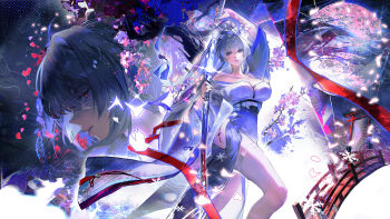 1girl absurdres bare_shoulders blue_hakama breasts cherry_blossoms commentary drawing_sword english_commentary hakama hakama_skirt high_ponytail highres hiyuki_(wuthering_waves) holding holding_sword holding_weapon japanese_clothes jewelry katana large_breasts long_hair long_sidelocks mole mole_under_eye necklace off_shoulder ponytail profile red_eyes sidelocks skirt solo sword tacet_mark_(wuthering_waves) torii weapon white_hair wuthering_waves yirin