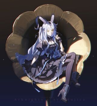 1girl arknights bang_dream! bang_dream!_it&#039;s_mygo!!!!! black_boots black_dress black_gloves black_horns black_pantyhose black_ribbon blue_hair boots closed_mouth commentary curled_horns detached_collar dress english_commentary full_body gloves hair_ribbon hand_up high_heel_boots high_heels highres horns light_particles long_hair looking_at_viewer migo45 oversized_object pantyhose phonograph ribbon sidelocks single_glove sitting smile solo togawa_sakiko togawa_sakiko_(master_of_melodia) wrist_cuffs yellow_eyes