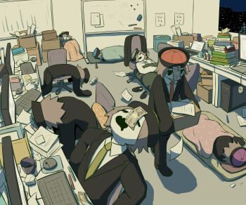 6+boys absurdres avogado6 banknote black_eyes black_jacket black_pants black_suit book book_stack box box_stack brown_hair cardboard_box chair christmas color_coordination commentary_request computer computer_keyboard computer_mouse crumpled_paper drooling energy_drink fang formal_clothes futon green_necktie hat head_back head_down highres holding holding_box indoors jacket jiangshi long_sleeves lying male_focus messy_room money mouth_drool multiple_boys necktie night office on_back on_chair on_side on_stomach open_mouth original pants paper_stack qingdai_guanmao red_necktie salaryman short_hair skin_fang sleeping sleeping_upright sleeves_past_fingers sleeves_past_wrists slice_of_life suit unconventional_christmas_tree under_covers walking whiteboard window working