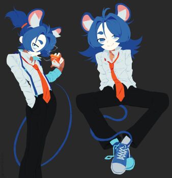 Rule 34 | 1girl, animal ears, black background, black pants, blue shoes, cigarette, closed mouth, collared shirt, commentary, english commentary, highres, long hair, long sleeves, looking at viewer, mouse ears, mouse girl, mouse tail, necktie, original, pants, parasoru buruu, ponytail, red necktie, shirt, shoes, short hair, short ponytail, simple background, smile, smoking, sneakers, solo, spread legs, suspenders, tail, white shirt
